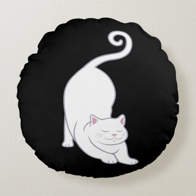 Sun Salutation Downward White Cat Yoga on Black Round Pillow (Front)
