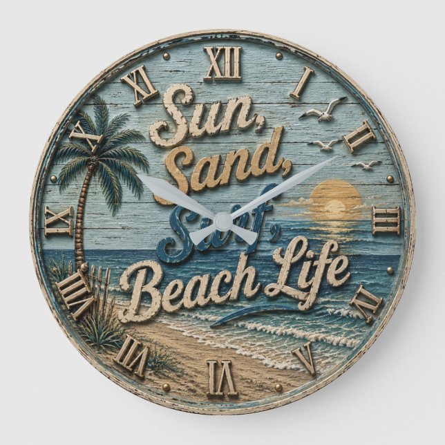 Sun Sand Surf Beach Life Coastal Beach House Decor Large Clock (Front)
