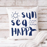 Sun Sea Happy Whale Waves Beach Typography Throw Pillow<br><div class="desc">Fun,  beach theme cotton throw pillow features "sun sea happy" typography in nautical navy blue with a whale tail,  ocean waves and sunshine doodles. Perfect for coastal and tropical decor styles and vacation home rentals.</div>
