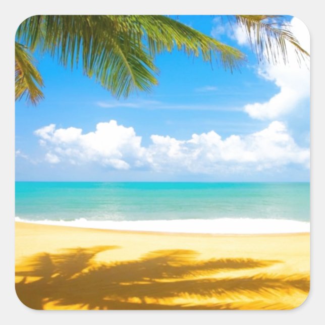 sun sea sand palm tree paradise beach square sticker (Front)