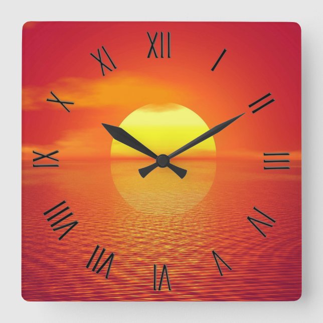  Sun Sets Orange Calm Ocean Sunset  Black Numerals Square Wall Clock (Front)