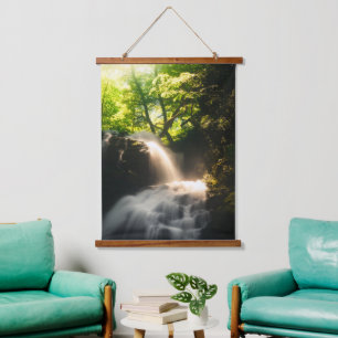 Sun shining on a magical waterfall hanging tapestry