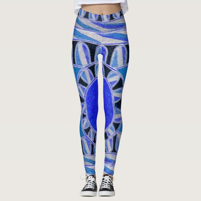 SUN SOLAR ENERGY Abstract Geometric White Blue Leggings (Front)