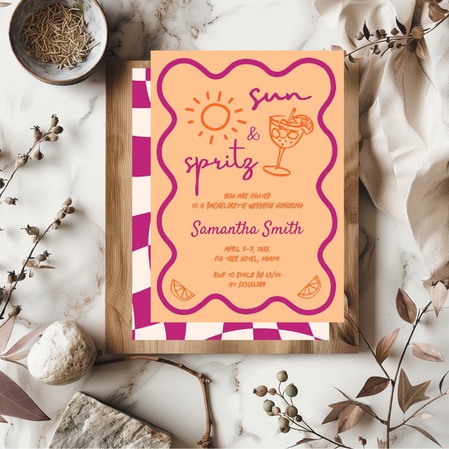 Sun & Spritz Bachelorette Party Hand Drawn Funky Invitation (sun & spritz bachelorette party invitation)