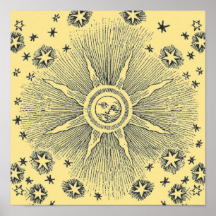 Sun Stars Antique Night Sky Medieval Zodiac Poster