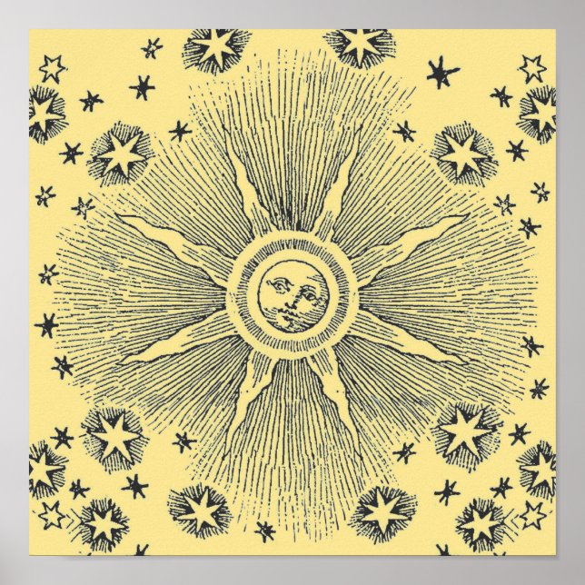 Sun Stars Antique Night Sky Medieval Zodiac Poster (Front)