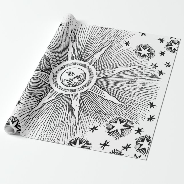 Sun Stars Antique Night Sky Medieval Zodiac Wrapping Paper (Unrolled)