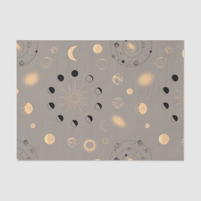 Sun stars moon phases planets black gold on tan tissue paper (Front)