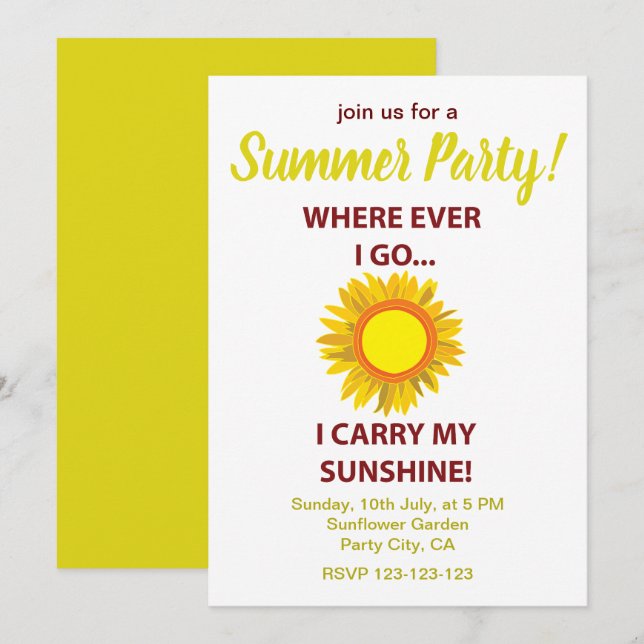 Sun Sunflower Sunshine Summer Party Invitation (Front/Back)