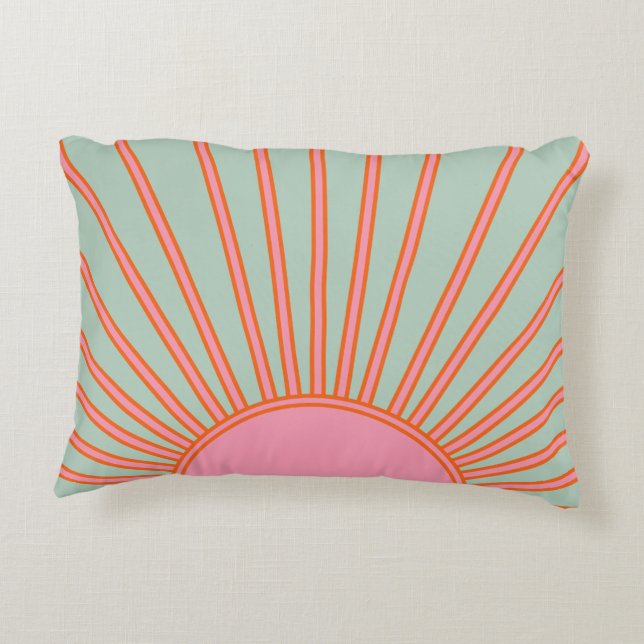 Sun Sunrise Green And Pink Abstract Retro Sunshine Accent Pillow (Back)