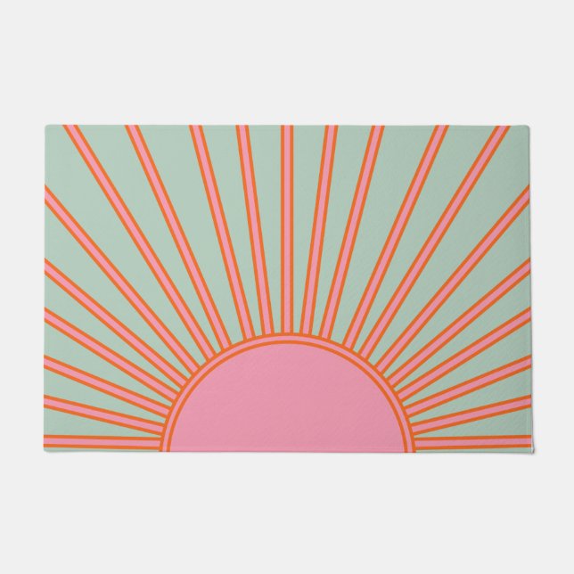 Sun Sunrise Green And Pink Abstract Retro Sunshine Doormat (Front)