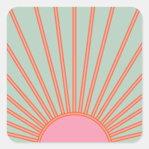Sun Sunrise Green And Pink Abstract Retro Sunshine Square Sticker