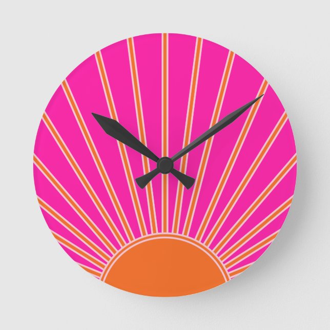 Sun Sunrise Hot Pink And Orange Preppy Sunshine Round Clock (Front)