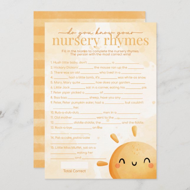 Sun Sunshine Nursery Rhyme Baby Shower Game Invitation (Front/Back)