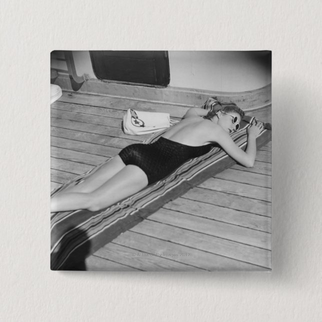 Sun Tanning Woman 2 Inch Square Button (Front)