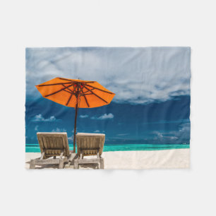 Sun Umbrella On Sandy Beach Maldives Fleece Blanket