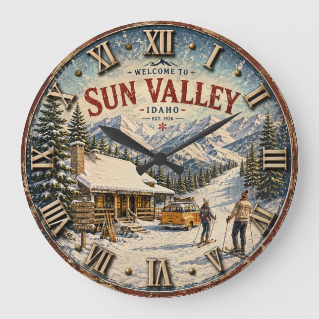 Sun Valley Idaho Ski Resort Rustic Mountain Cabin  Large Clock (Front)