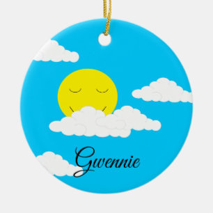 Sun with Puffy Clouds: Turquoise Ceramic Ornament