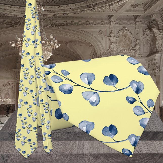 Sun Yellow & Dusty Blue Eucalyptus Wedding Tie (Creator Uploaded)