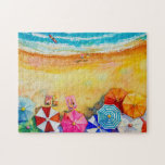 Sunbathers Colourful Beach Umbrellas Jigsaw Puzzle<br><div class="desc">Jigsaw puzzle of sunbathers at the beach and colourful umbrellas. Frame it when you're done or box it up to work again. Choose from the different sizes available to select a larger or smaller size or more pieces.</div>