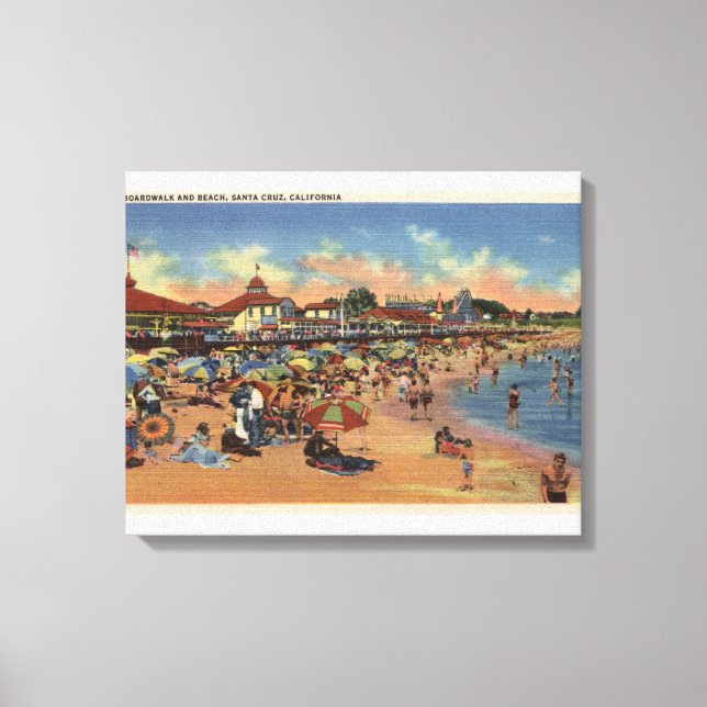 Sunbathers & Swimmers on Boardwalk & Beach Canvas Print (Front)
