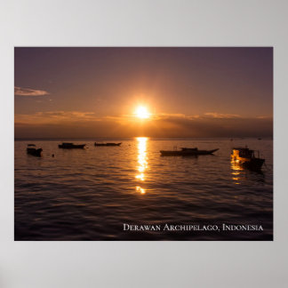 Sunbeam Sunset Rays Floating Boats Sea Twilight Poster