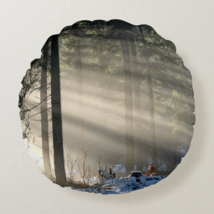 Sunbeam Through Forest in Winter Round Pillow
