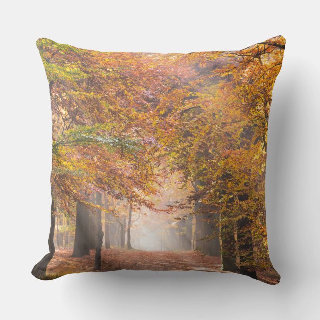 Sunbeams in an autumn forest throw pillow (Front)