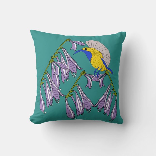 Sunbird with purple flowers throw pillow (Front)