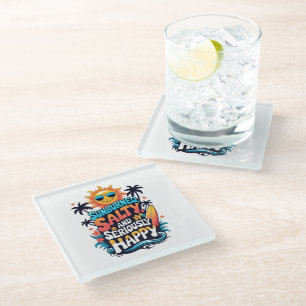 Sunburned Salty and Happy – Retro Beach Vibes Glass Coaster