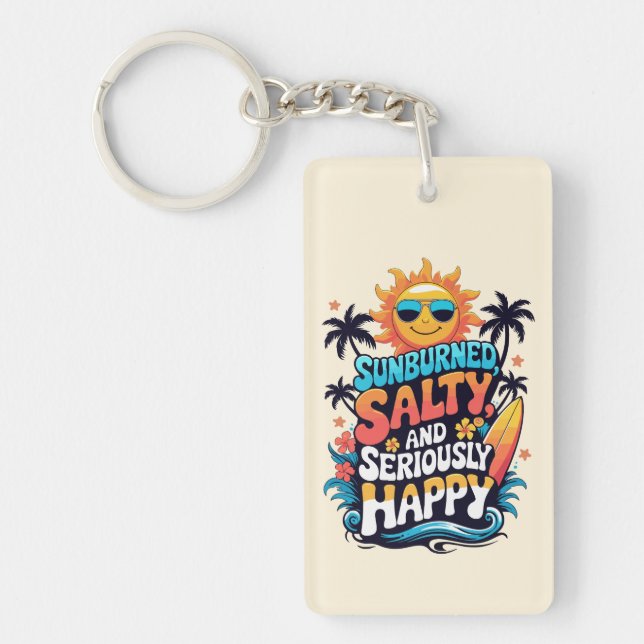 Sunburned Salty and Happy – Retro Beach Vibes Keychain (Front)