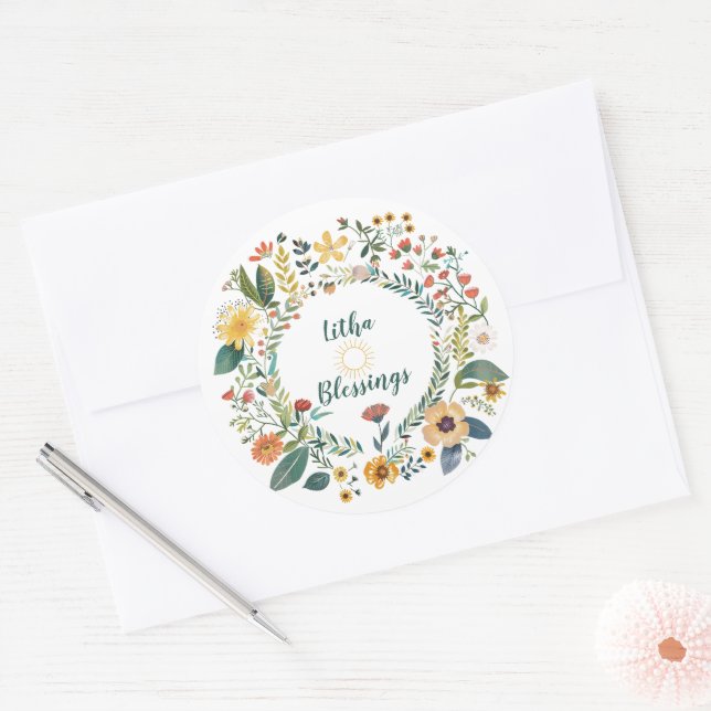 Sunburst and Floral Pattern Litha Classic Round Sticker (Envelope)