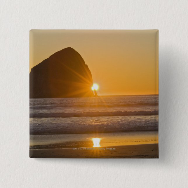 Sunburst And Haystack Rock At Cape Kiwanda 2 Inch Square Button (Front)