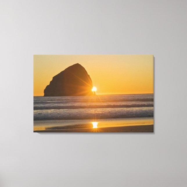 Sunburst And Haystack Rock At Cape Kiwanda Canvas Print (Front)