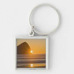 Sunburst And Haystack Rock At Cape Kiwanda Keychain