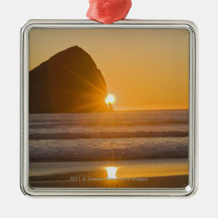 Sunburst And Haystack Rock At Cape Kiwanda Metal Ornament