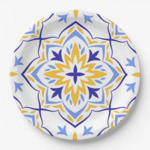 Sunburst Bloom Elegant Blue Gold Floral Mosaic Paper Plate