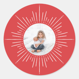Sunburst Custom Photo   Red Christmas Classic Round Sticker