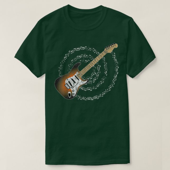 Sunburst Electric Guitar Spiralling Musical Notes  T-Shirt (Design Front)