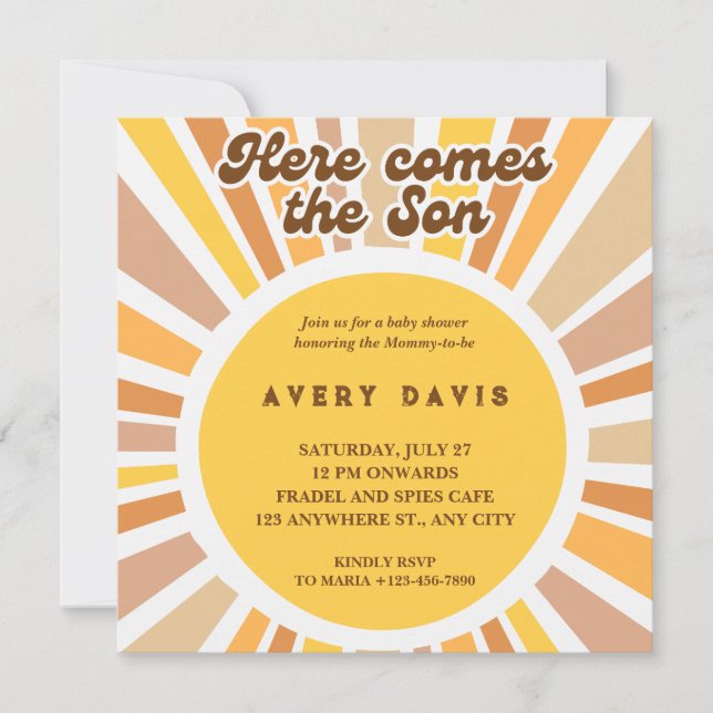 Sunburst Here Come The Son Yellow Brown Flat Retro Invitation (Front)