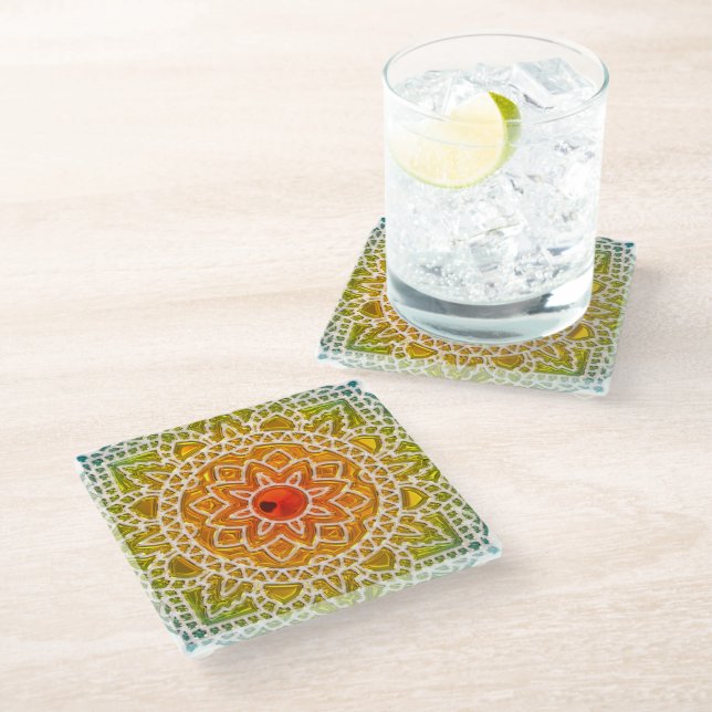 Sunburst Mandala Boho Glass Coasters (Angled)
