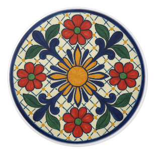 Sunburst Mexican Talavera Floral Ceramic Knob