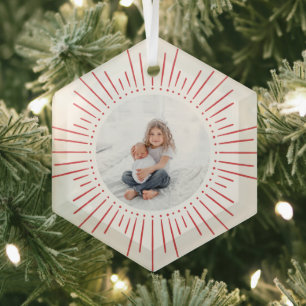 Sunburst Personalized Photo White and Red Glass Ornament