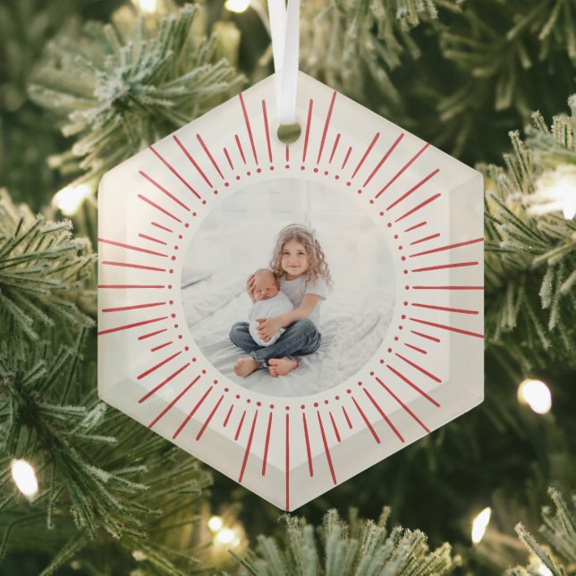 Sunburst Personalized Photo | White and Red Glass Ornament (Insitu)