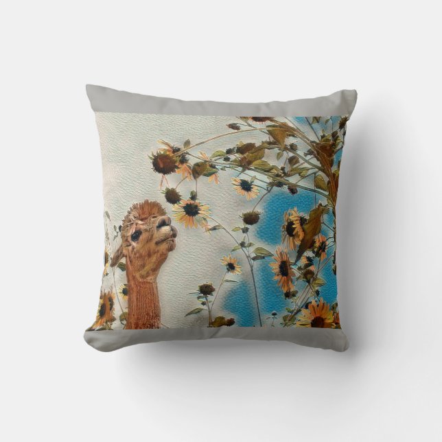 Sundance the Alpaca Smelling the Flowers Throw Pillow (Front)