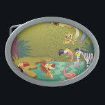 Sundown At The Water Hole Oval Belt Buckle<br><div class="desc">Artist: Gary LaCost | rain forest with elephant, lion,  zebra, flamingo, toucan, snake in water</div>