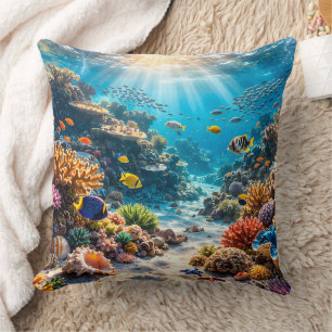 Sundrenched coral reef tropical fish and ocean Par Throw Pillow