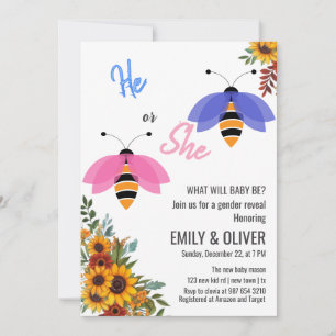 Sunflowe bee bird boy or girl gender reveal party invitation