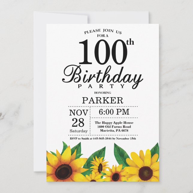 Sunflower 100th Birthday Invitation (Front)
