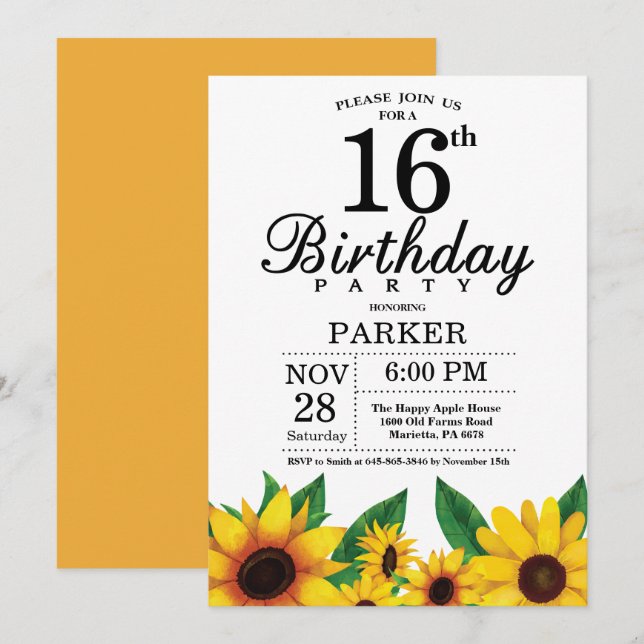 Sunflower 16th Birthday Invitation (Front/Back)